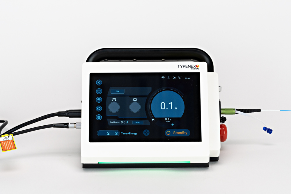 Typenex Medical’s Fibernex Go Laser Generator for EVLA procedures on “Standby” mode—with the power cable, laser fiber, and foot switch cable connected to the unit.