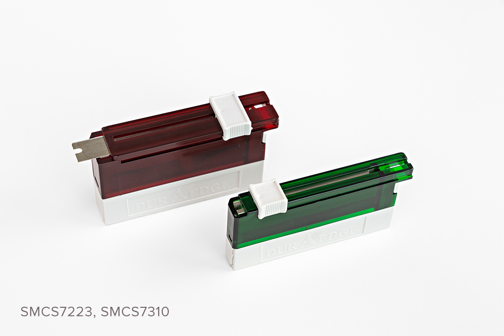 Two DuraEdge microtome blade holders, one high-profile blade option and one low-profile blade option.