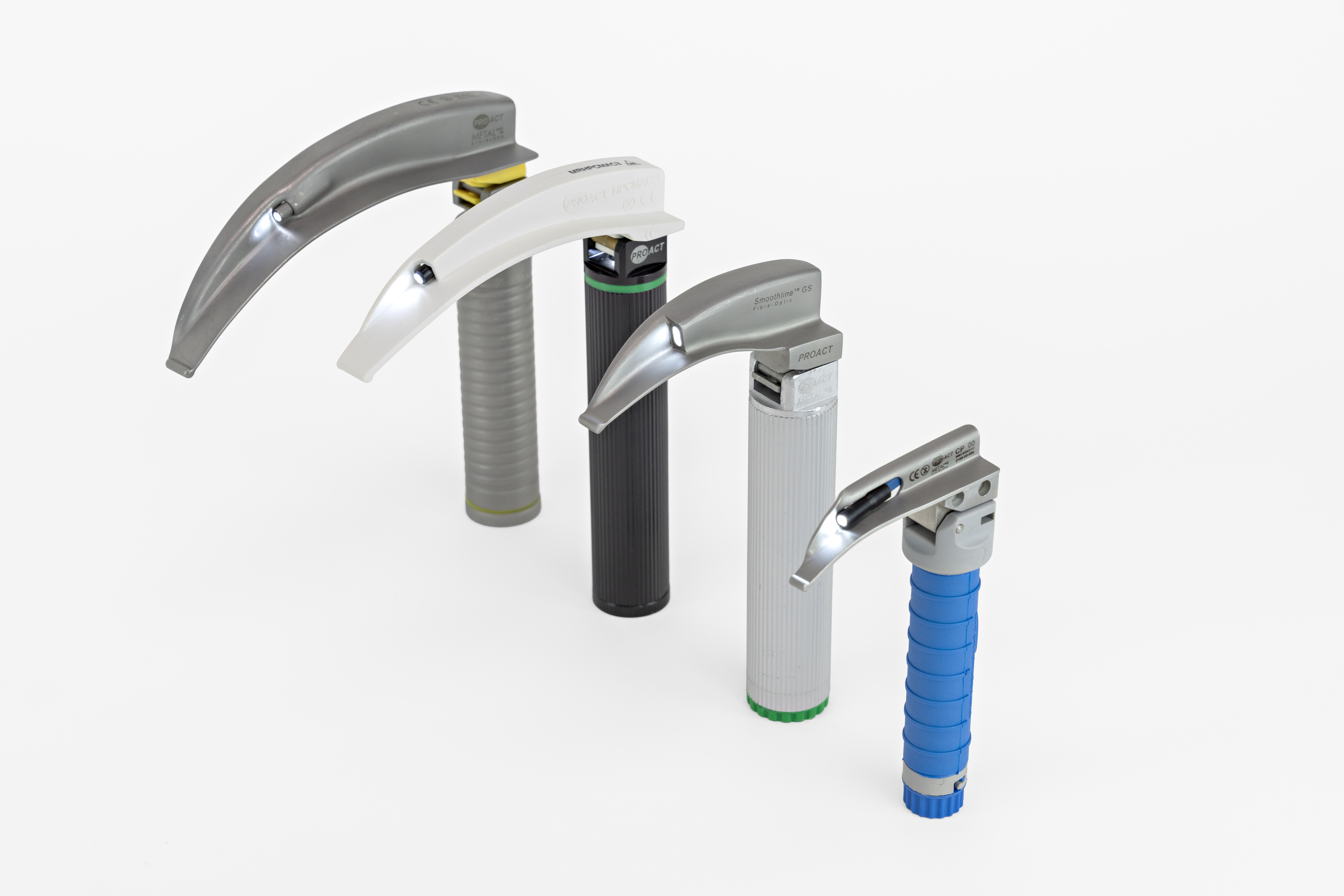 4 Typenex laryngoscope blade and handle configurations showing different blade sizes, handle grips, and reusable vs. disposable options.