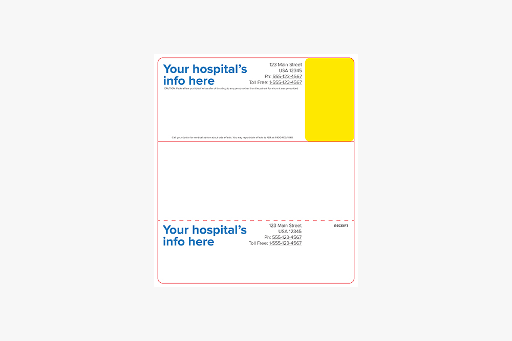 Fully customizable two-outpatient pharmacy label with hospital contact information and tear-off receipt.