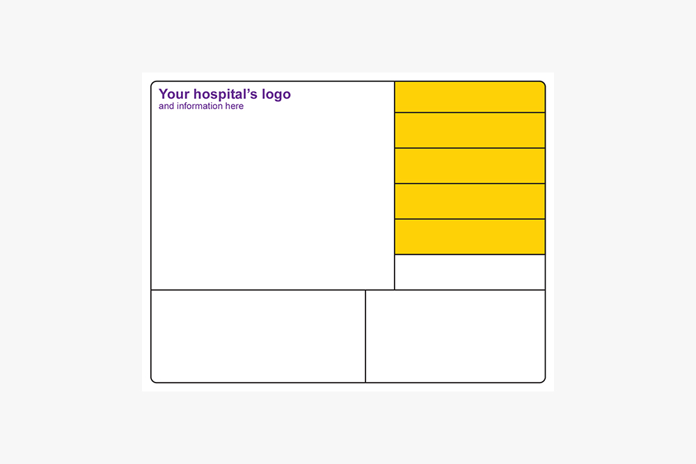 Outpatient pharmacy label with space for hospital logo and yellow medication detail sections.