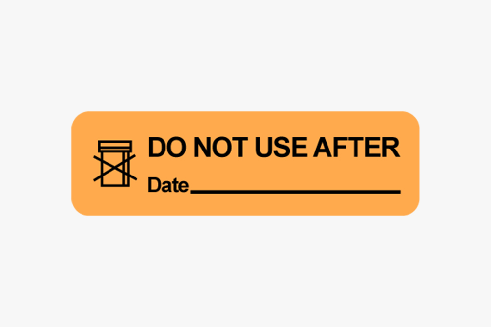 Orange pharmacy label with calendar icon and text reading 'DO NOT USE AFTER' with a blank date field.