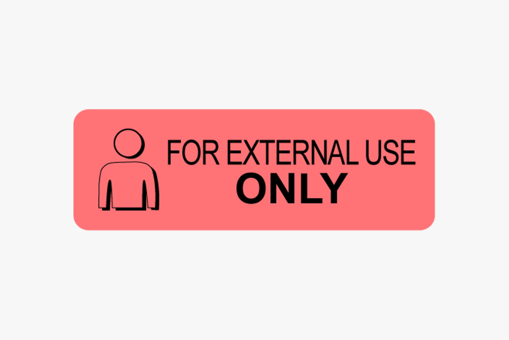 Pink specialty pharmacy label with body figure icon and text reading 'FOR EXTERNAL USE ONLY' in bold text.
