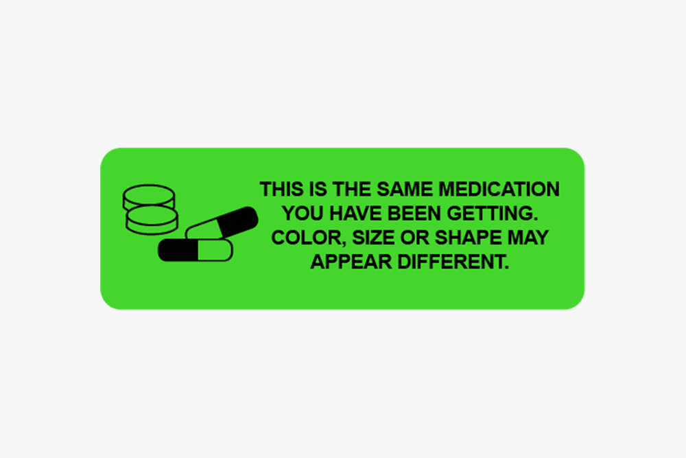 Green auxiliary pharmacy label with medication capsule icon and text warning.