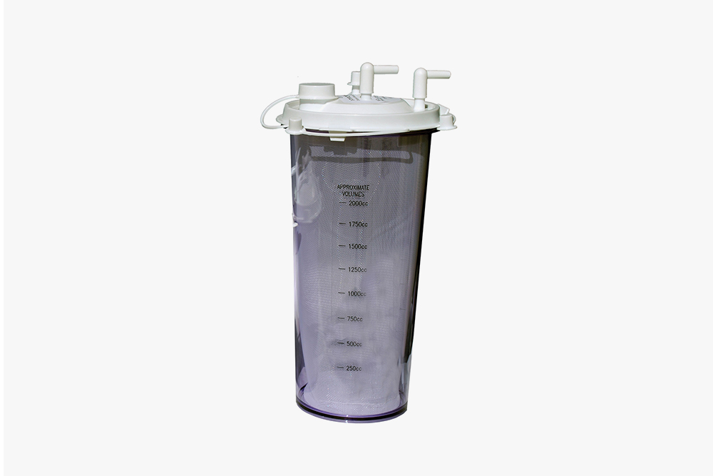 Large 2000cc fat collection canister for liposuction, with an integrated filter to separate harvested fat.