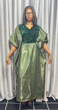 Olive Sequin Embellished Liquid Mikado Bubu Dress – angle 1 | Maxi Dresses Sisiosa