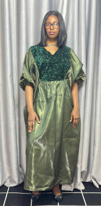 Olive Sequin Embellished Liquid Mikado Bubu Dress – angle 2 | Maxi Dresses Sisiosa