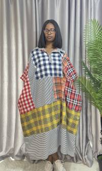 Cotton Stripe & Checkered Patch Dress – Free Size – angle 1 | Midi Dresses Sisiosa
