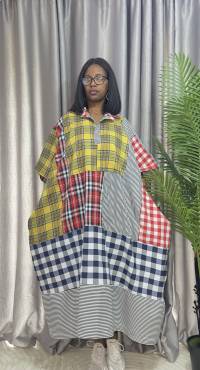 Cotton Stripe & Checkered Patch Dress – Free Size – angle 1 | Midi Dresses Sisiosa
