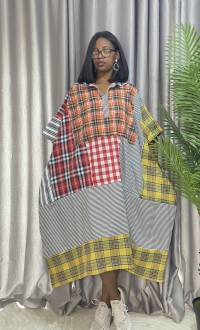 Cotton Stripe & Checkered Patch Dress – Free Size – angle 1 | Midi Dresses Sisiosa