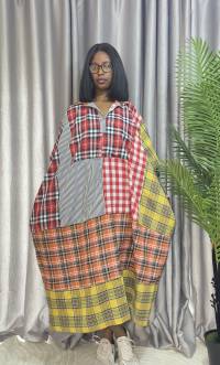Cotton Stripe & Checkered Patch Dress – Free Size – angle 1 | Midi Dresses Sisiosa