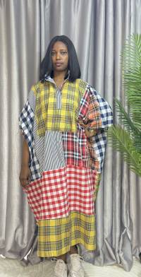 Cotton Stripe & Checkered Patch Dress – Free Size – angle 1 | Midi Dresses Sisiosa