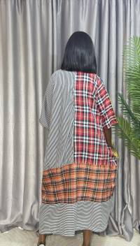 Cotton Stripe & Checkered Patch Dress – Free Size – angle 2 | Midi Dresses Sisiosa