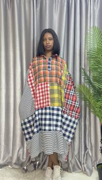 Cotton Stripe & Checkered Patch Dress – Free Size – angle 1 | Midi Dresses Sisiosa