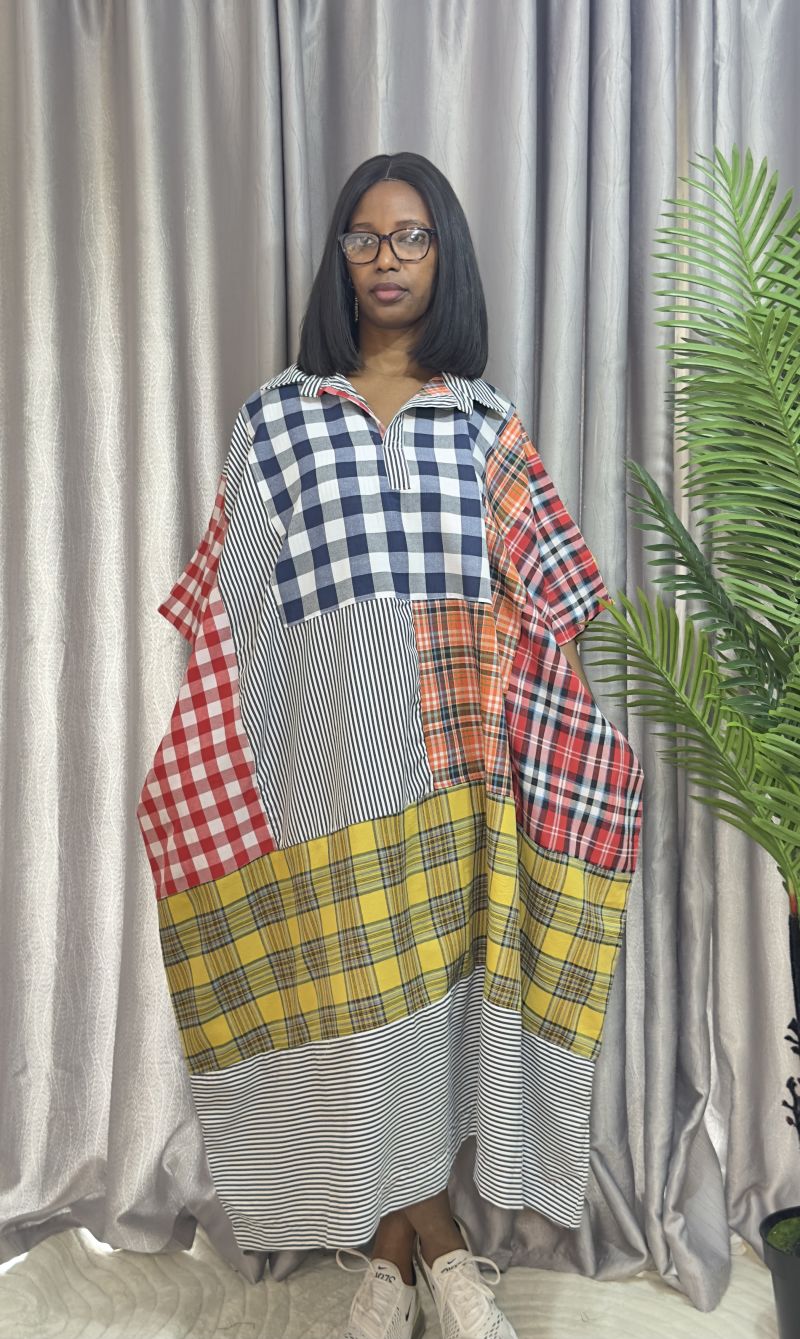 Cotton Stripe & Checkered Patch Dress – Free Size – Cotton Stripes Midi Dresses | Sisiosa UK