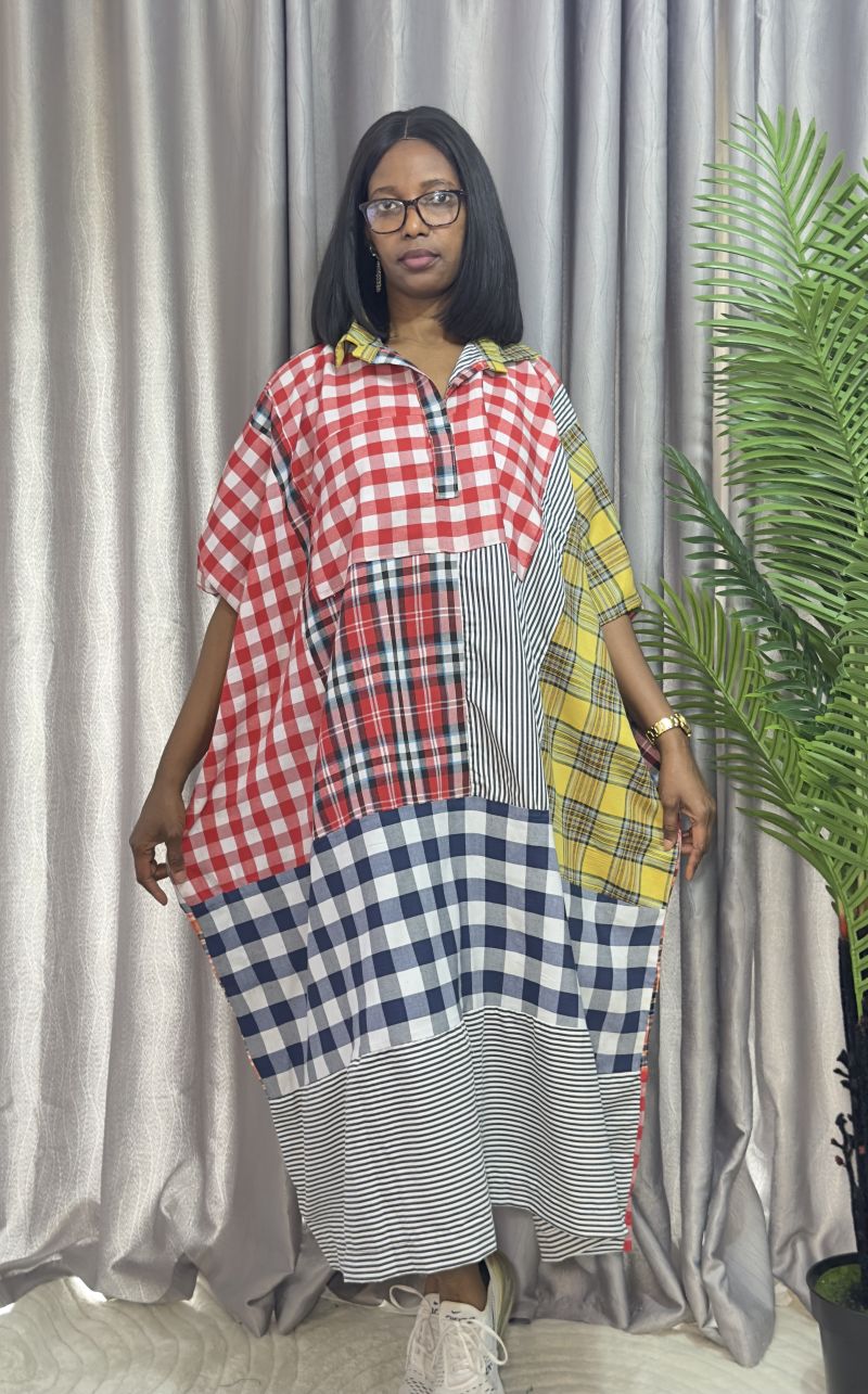 Cotton Stripe & Checkered Patch Dress – Free Size – Cotton Stripes Midi Dresses | Sisiosa UK
