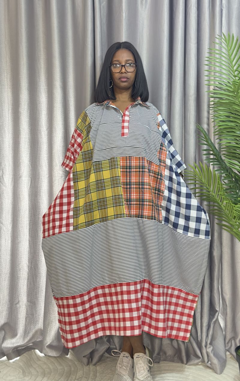 Cotton Stripe & Checkered Patch Dress – Free Size – Cotton Stripes Midi Dresses | Sisiosa UK