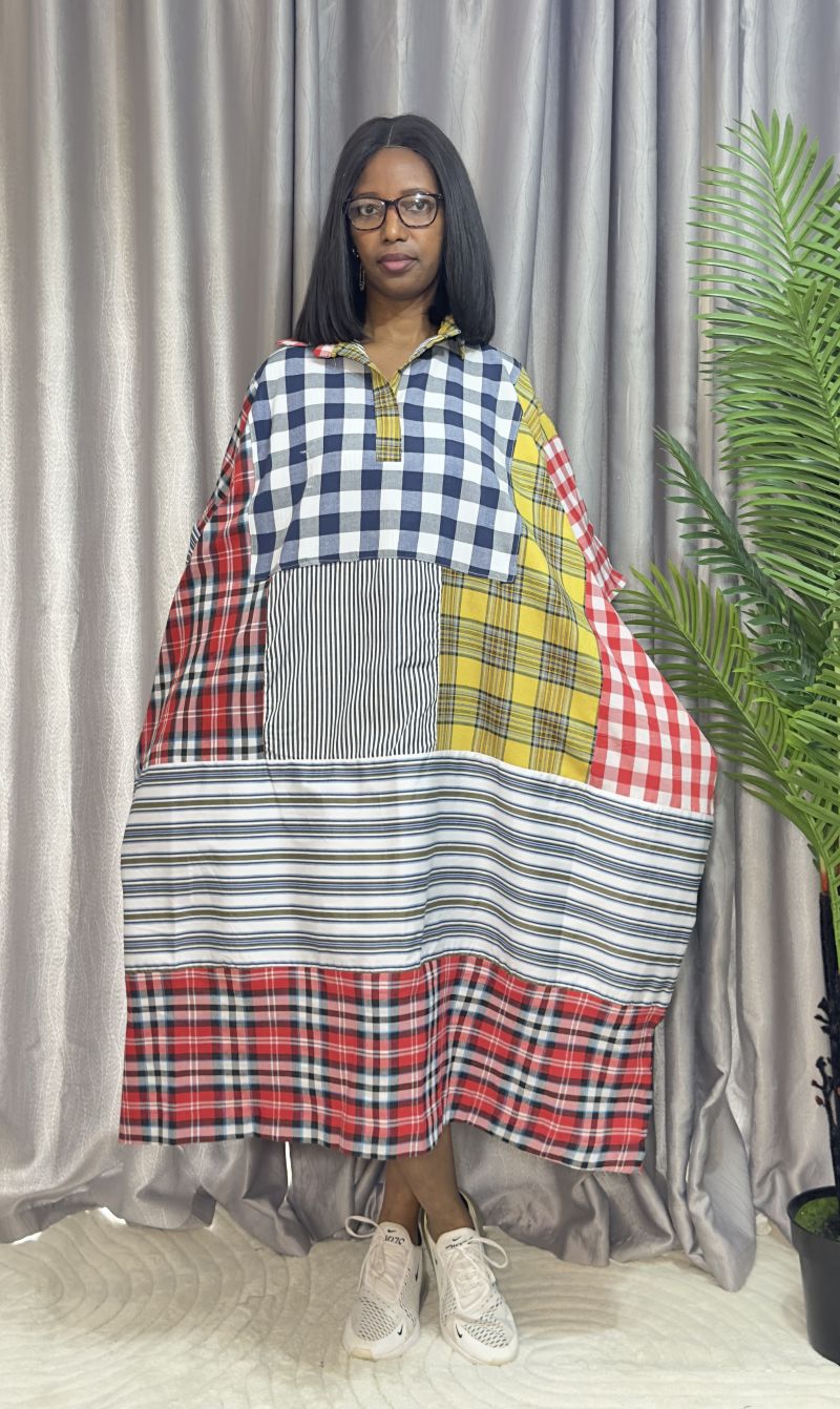 Cotton Stripe & Checkered Patch Dress – Free Size – Cotton Stripes Midi Dresses | Sisiosa UK