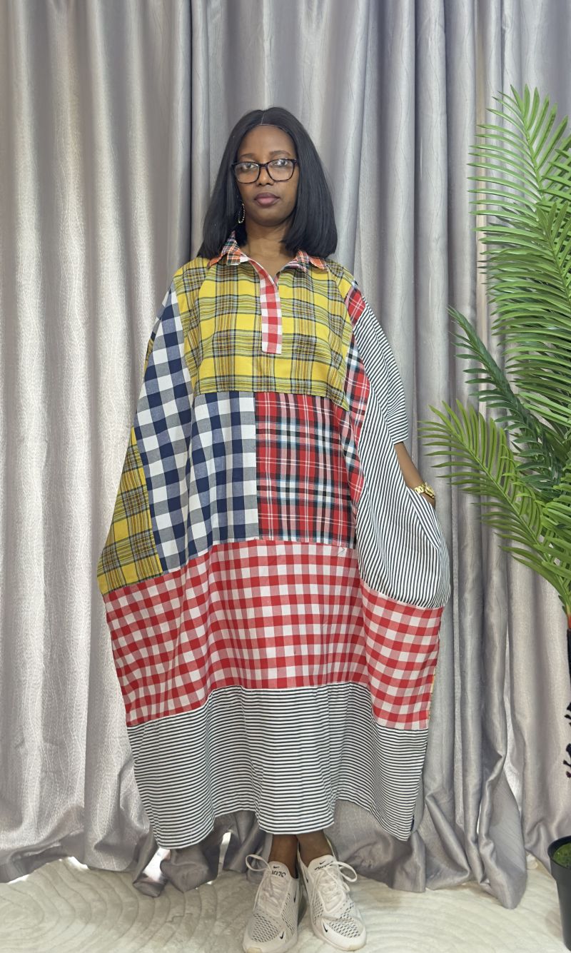 Cotton Stripe & Checkered Patch Dress – Free Size – Cotton Stripes Midi Dresses | Sisiosa UK