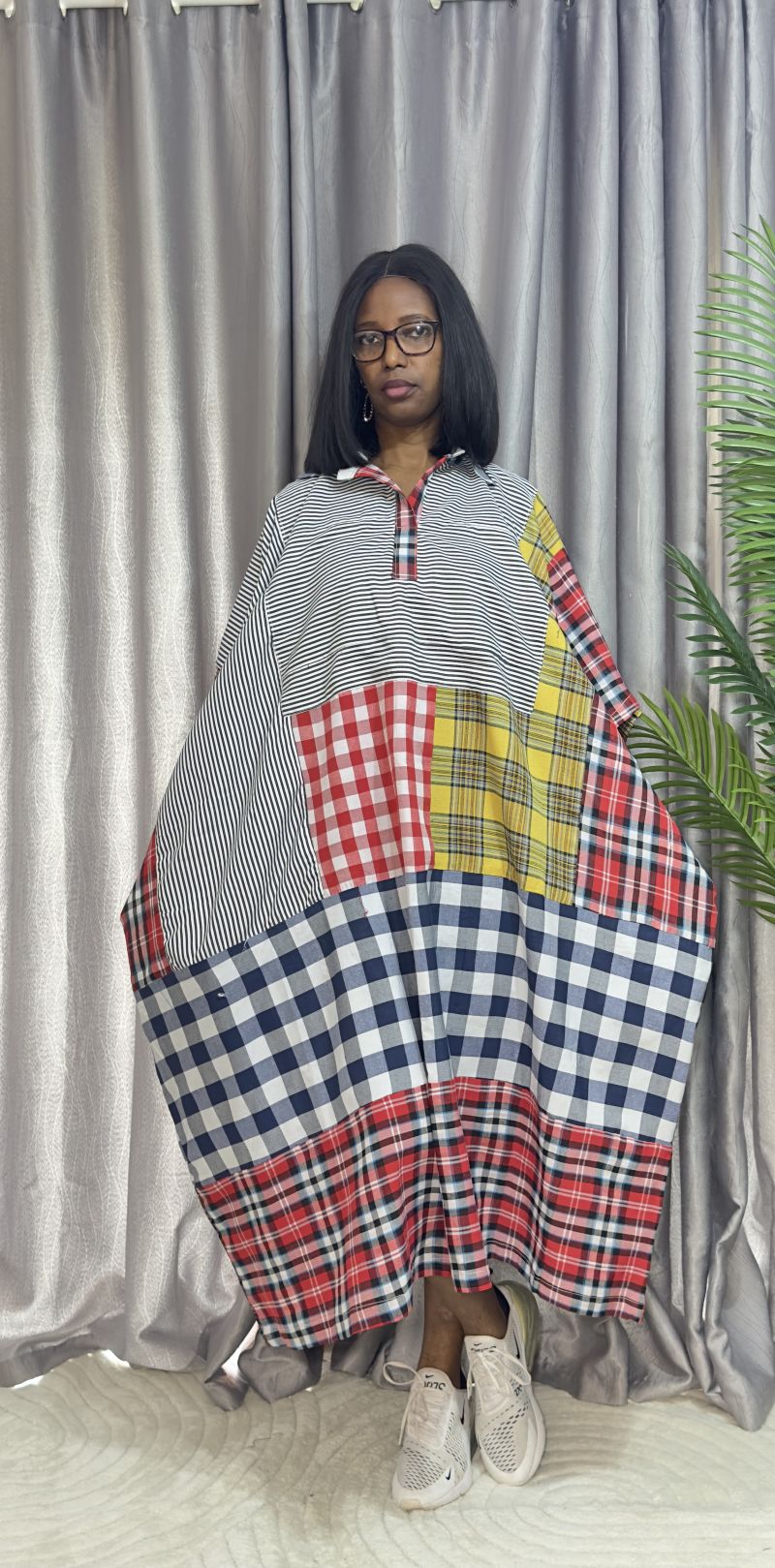 Cotton Stripe & Checkered Patch Dress – Free Size – Cotton Stripes Midi Dresses | Sisiosa UK