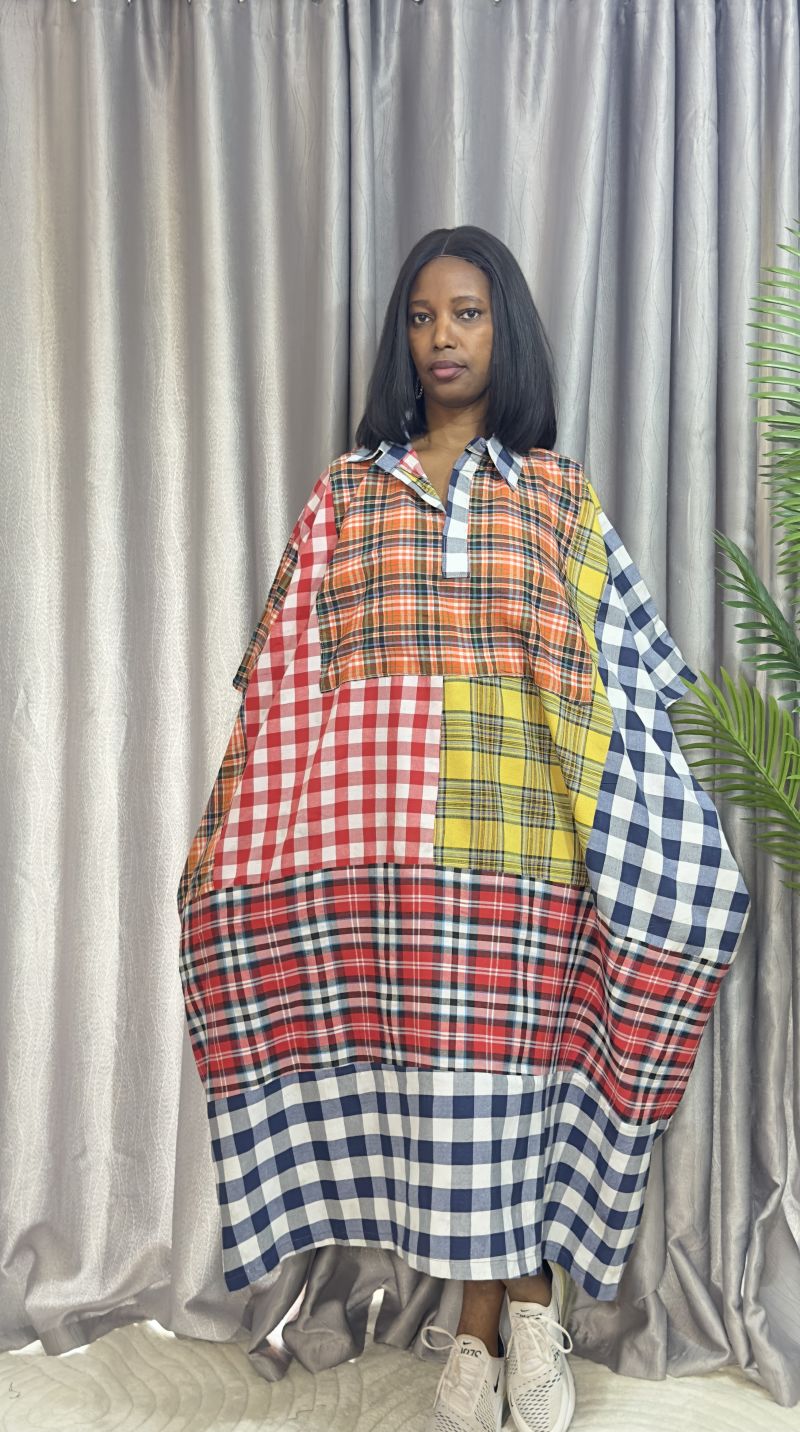 Cotton Stripe & Checkered Patch Dress – Free Size – Cotton Stripes Midi Dresses | Sisiosa UK