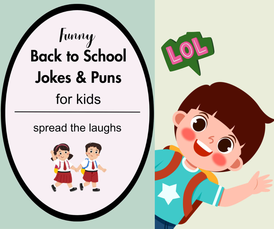 Back to school jokes and puns with a picture of a cartoon kid in the background and the letters LOL above his head