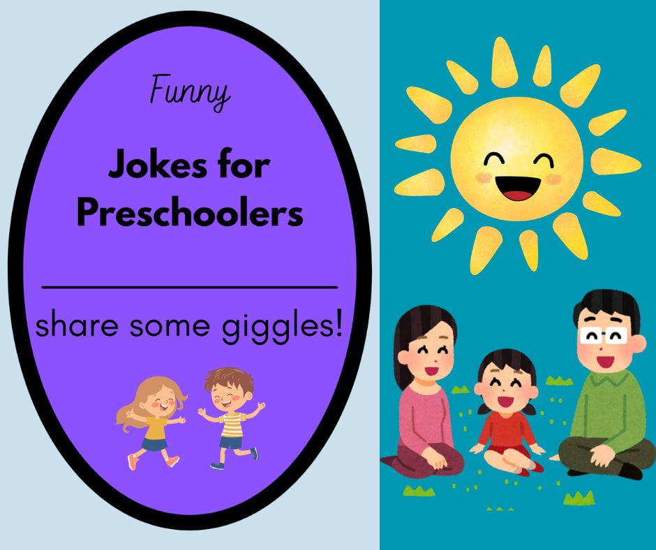 Cartoon characters and family with words that read funny jokes for preschoolers, share some giggles.