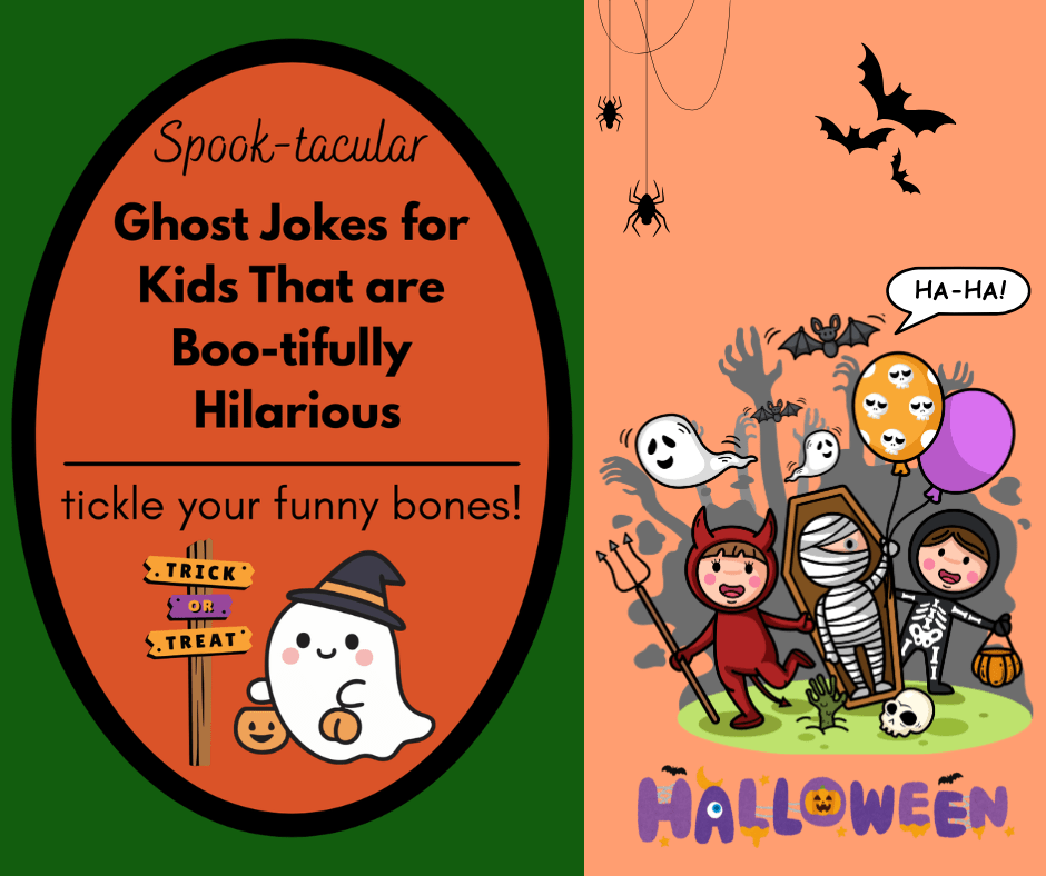 Split screen with cute cartoon ghost that has written words saying ghost jokes for kids and then kids dressed up in costume on the split screen oppposite side.