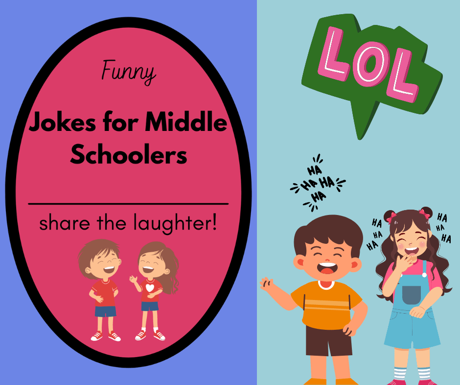 Cartoon boys and girls laughing with the words funny jokes for middle schoolers on the picture.