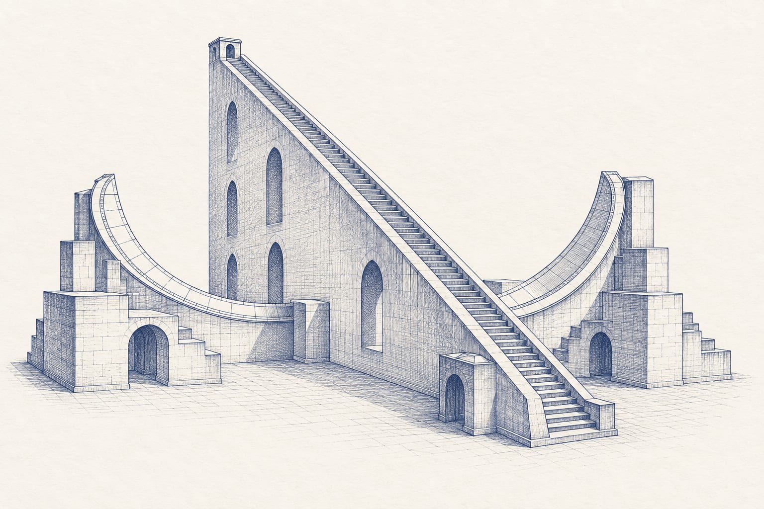 Engraved ink drawing of the Samrat Yantra, the great sundial at Jantar Mantar, Jaipur