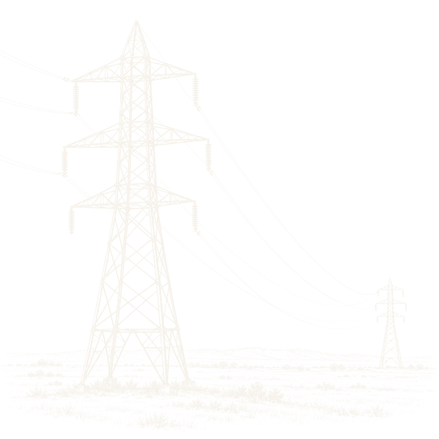 Engraved ink drawing of a high-voltage transmission tower with conductors sweeping to a distant tower