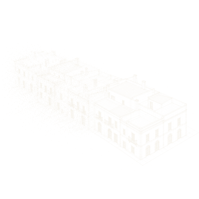 Engraved ink drawing of a building block dissolving from a point cloud into a precise wireframe model