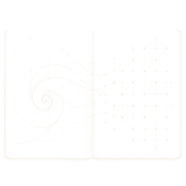 Engraved ink drawing of an open notebook where handwritten curves become a precisely plotted lattice