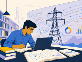 A student studying India's power grid — transmission towers, demand curves and a map of India