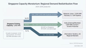 Flow diagram of demand displaced by Singapore's capacity moratorium on 1,000 MW of existing capacity. Malaysia's Johor takes 2,000 to 2,500 MW, India's Chennai and Mumbai take 1,000 to 1,500 MW, and 500 to 800 MW goes to the Nordics and US.