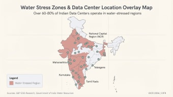 Map overlaying data-centre locations on water-stressed regions of India. Maharashtra, Karnataka, Telangana and Tamil Nadu are shaded as stressed and carry most of the sites. Sources are S&P ESG Research and Government of India water resources data.
