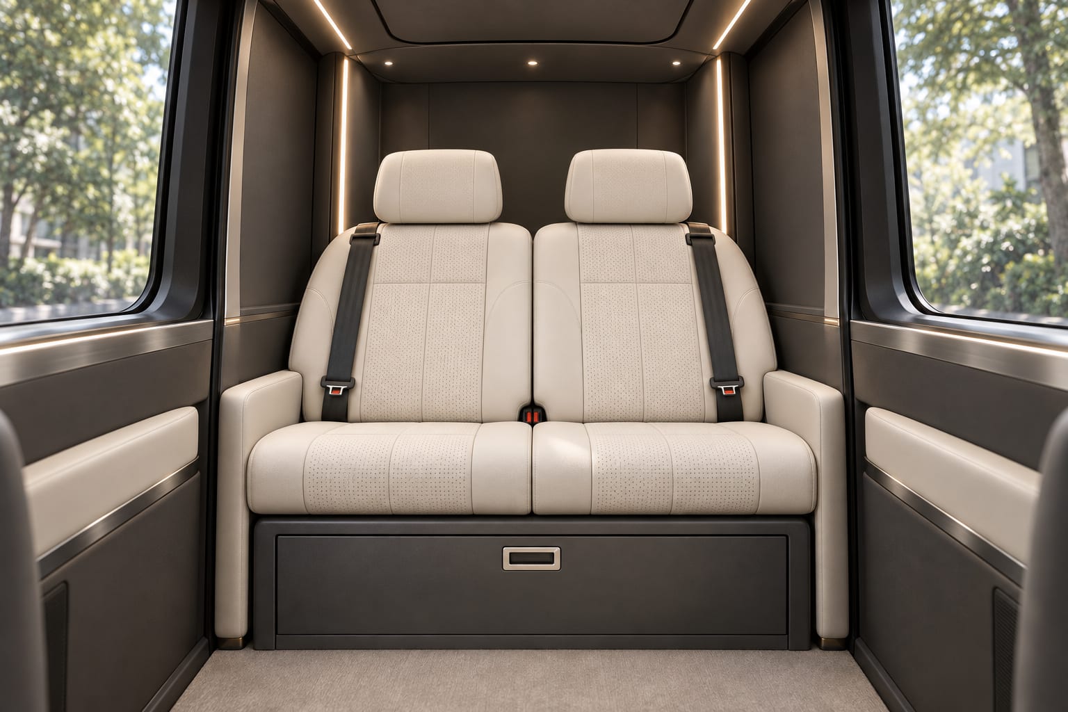 Inside Pod 1: two ivory seats, two seatbelts, warm cabin light and a lockable drawer beneath the seats