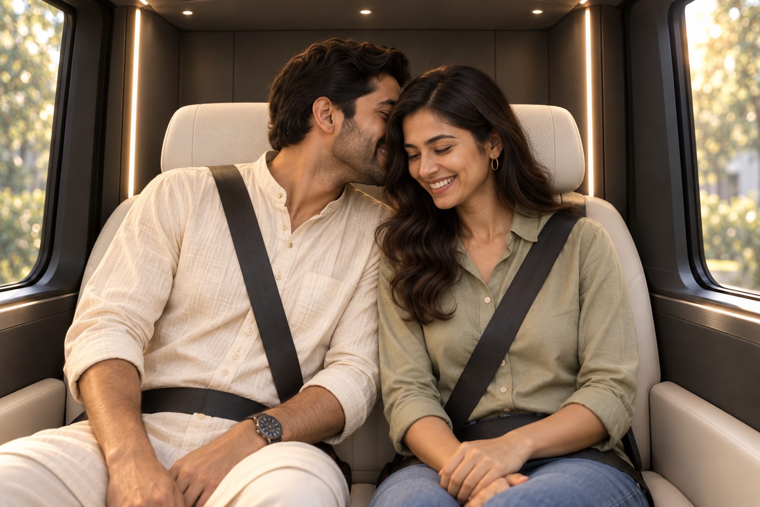 Close interior view of a man in a kurta whispering to his smiling partner, both seated and belted in Pod 1