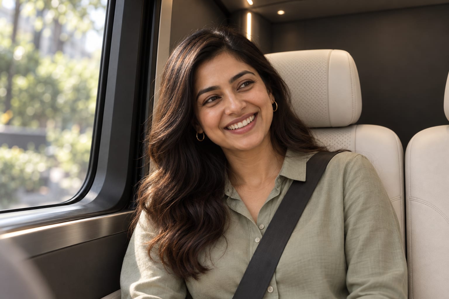 A smiling woman seated and belted inside the ivory and graphite Pod 1 cabin