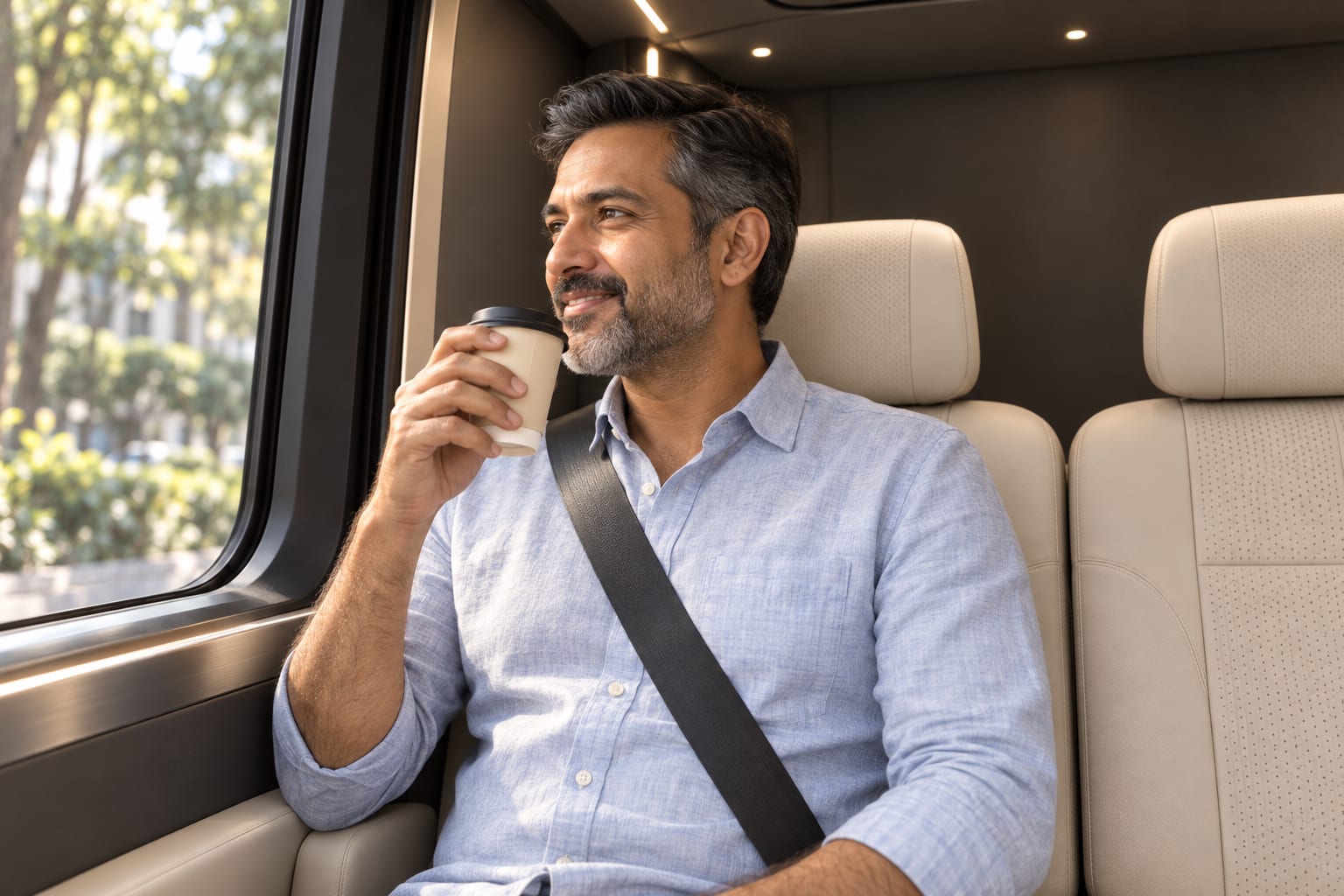 A man in a blue linen shirt enjoys coffee while seated and belted inside Pod 1