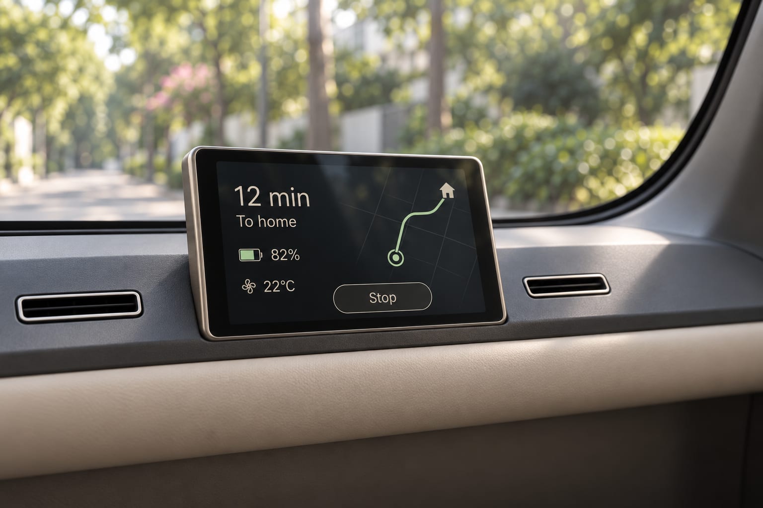 Close-up of Pod 1’s small touchscreen showing arrival time, a route, battery, cabin temperature and Stop