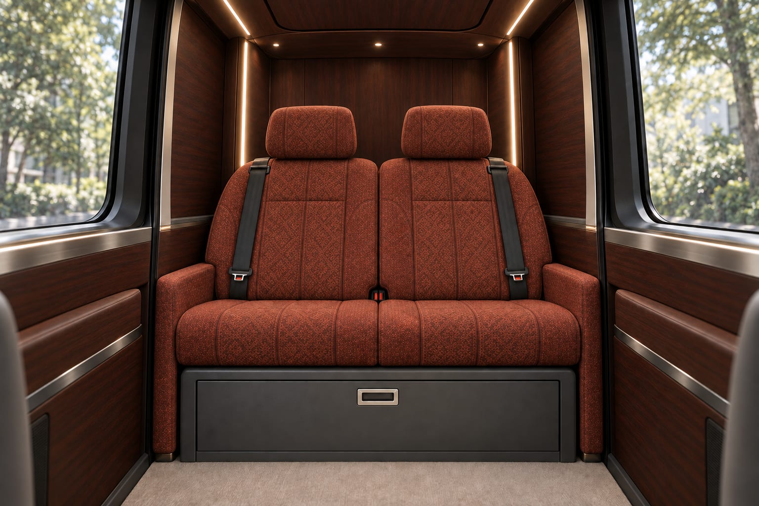 Pod 1 Maharaja cabin with two forward-facing seats, rust patterned upholstery and mahogany trim