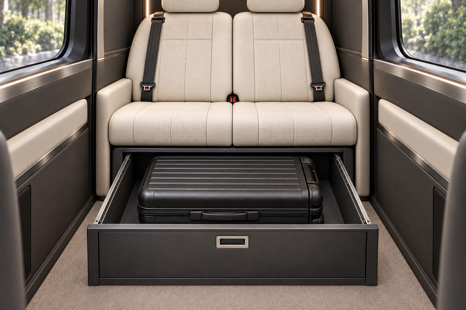 The lockable under-seat cabinet with a carry-on suitcase inside Pod 1