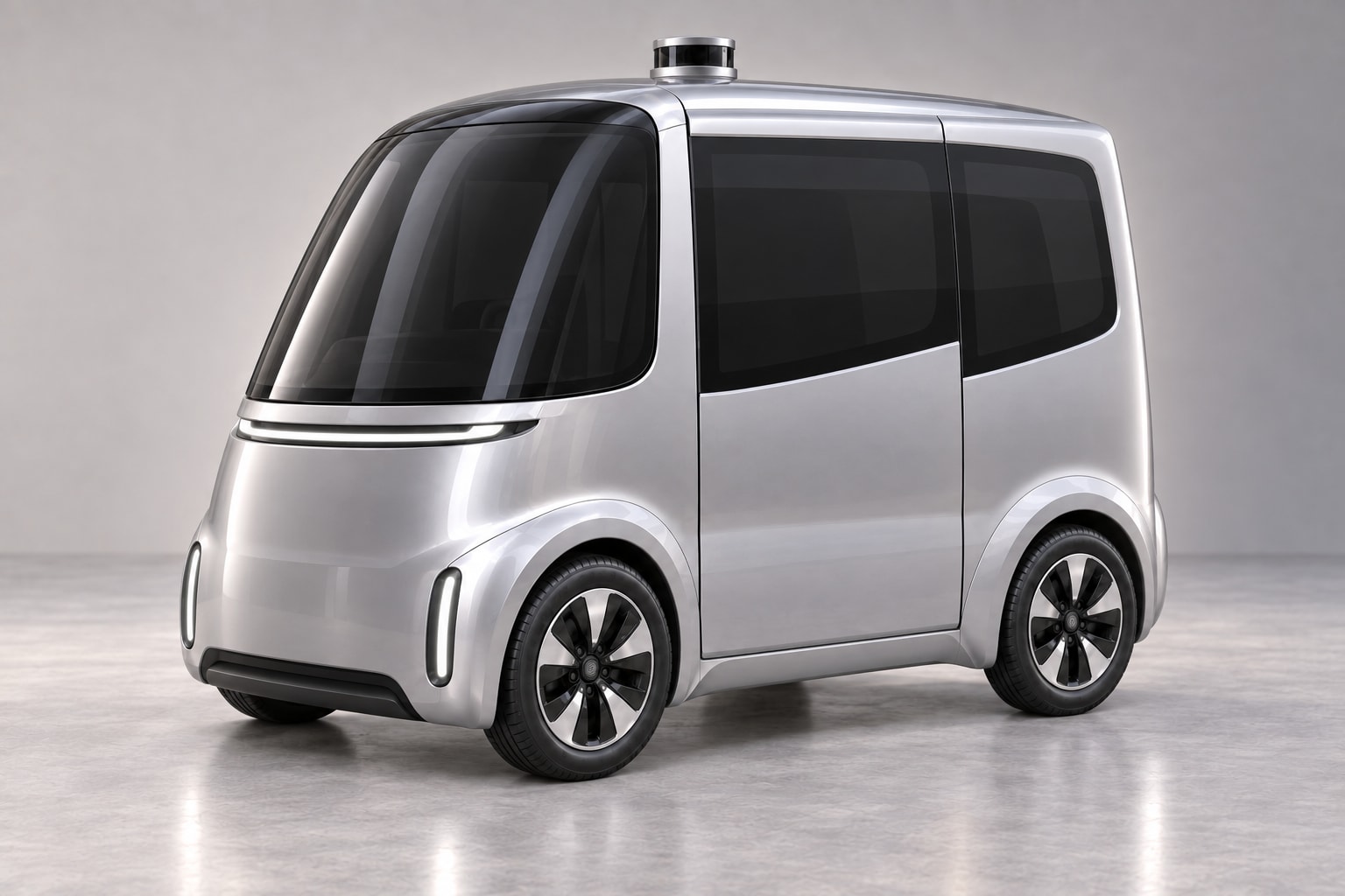Front three-quarter view of the silver Pod 1 with its side sliding door closed