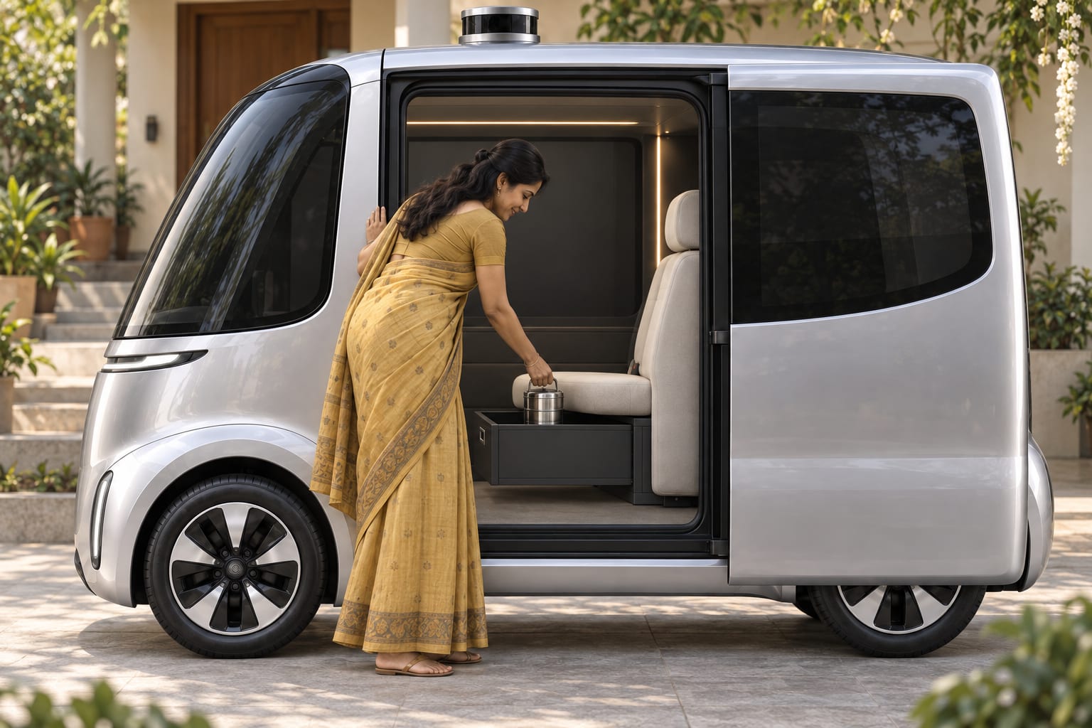 A mother stands on the pavement and places her tiffin inside Pod 1’s open under-seat cabinet