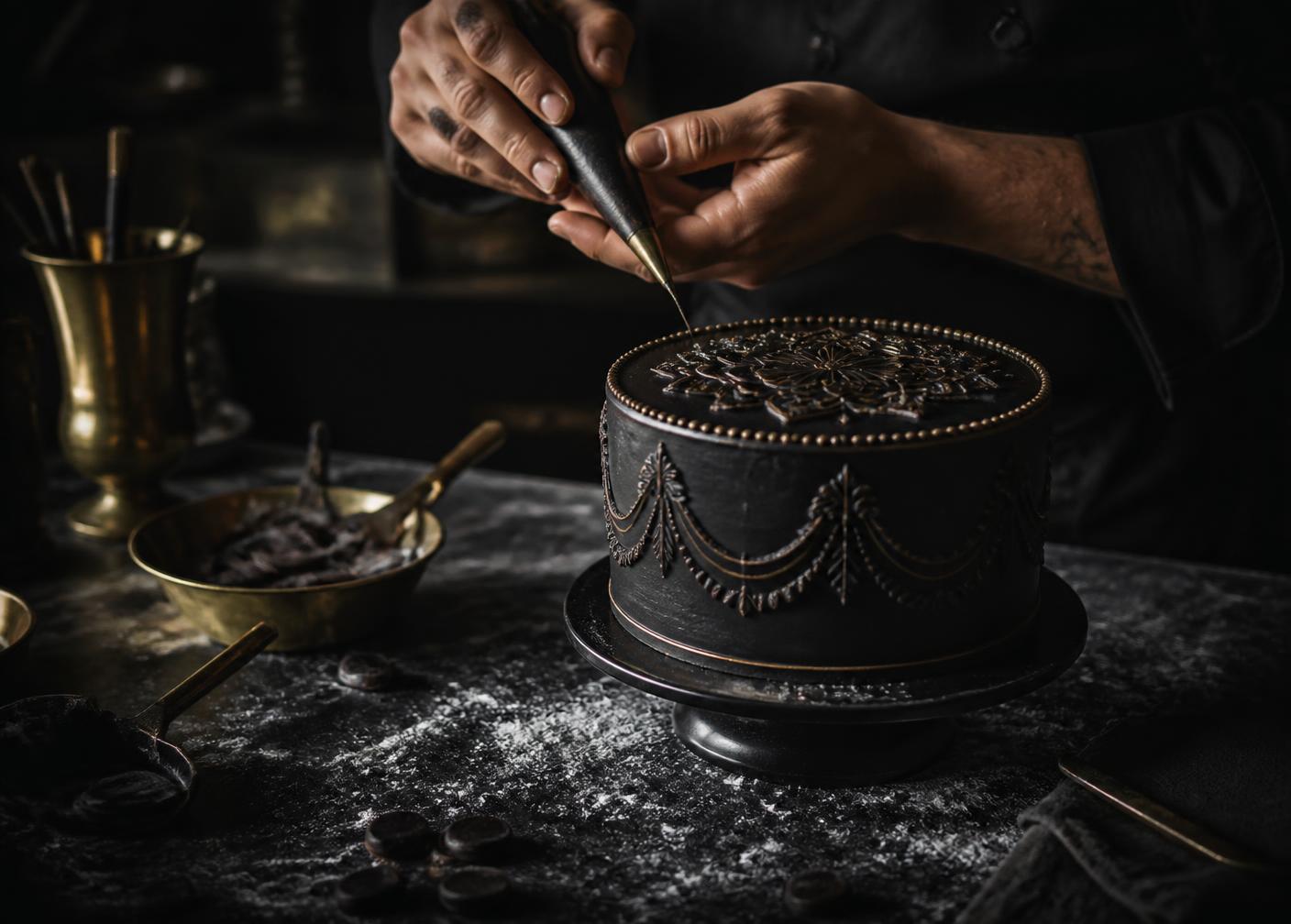 A baker decorating a cake in the atelier