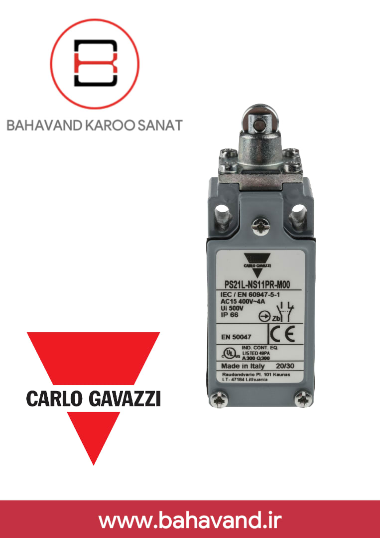 لیمیت سوئیچ CARLO GAVAZZI مدل PS21L-PT02PR-M00 استاندارد IEC/EN 60947-5-1، AC 15 400V~4A، Ui 500V، IP66