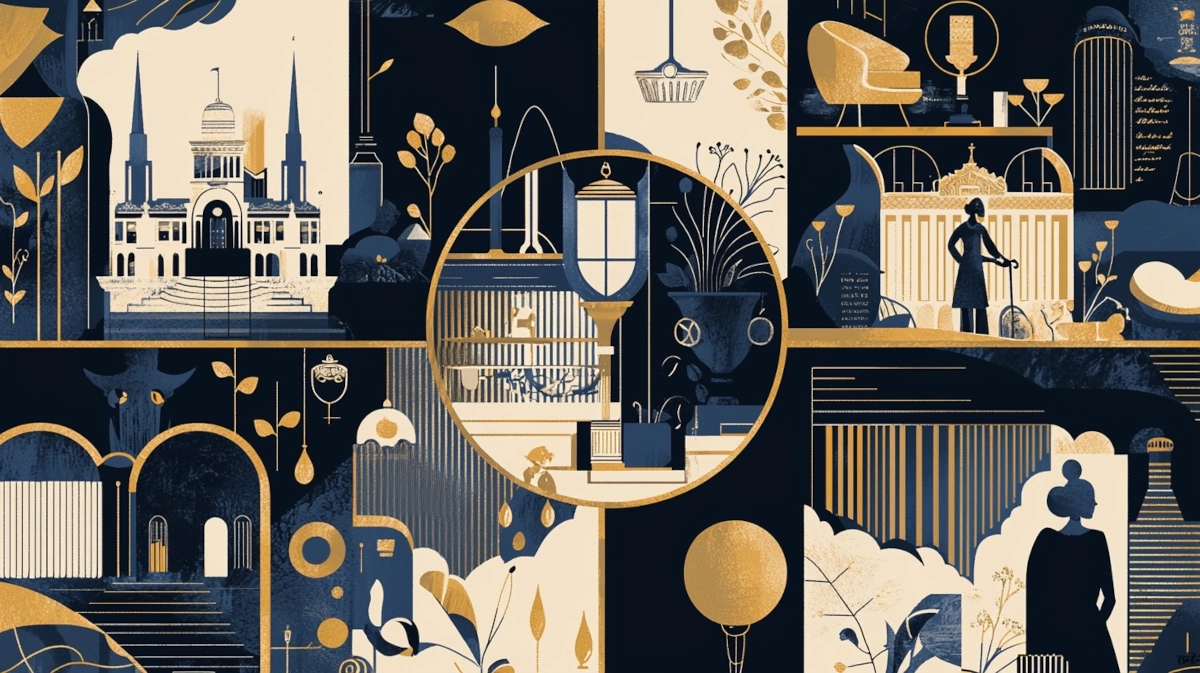 Elegant illustrated collage of luxury household environments