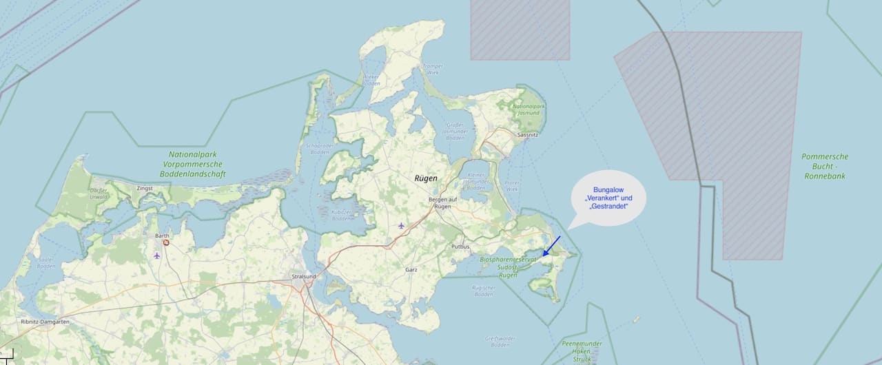 Karte von Rügen mit dem Hinweis zum Standort der Bungalows