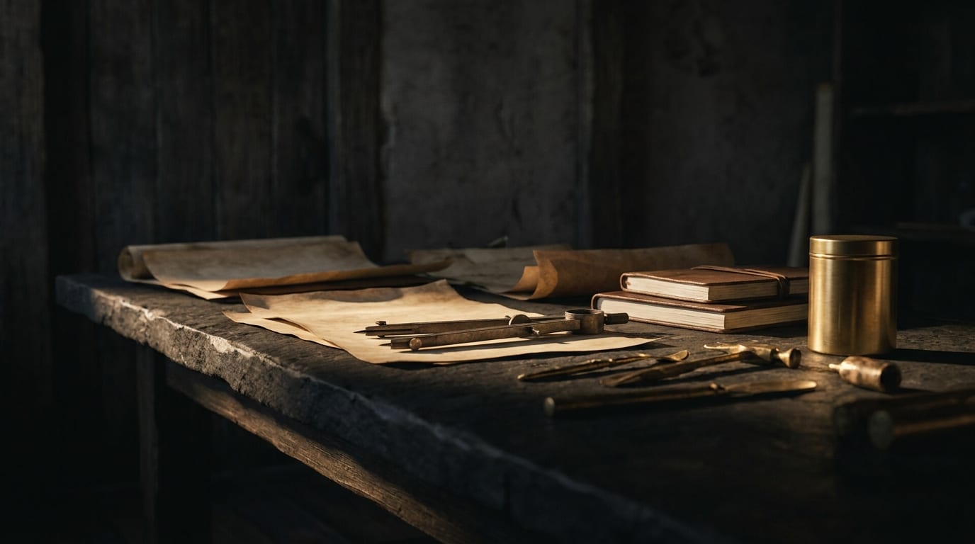 A quiet atelier desk with paper and ink under warm brass light.